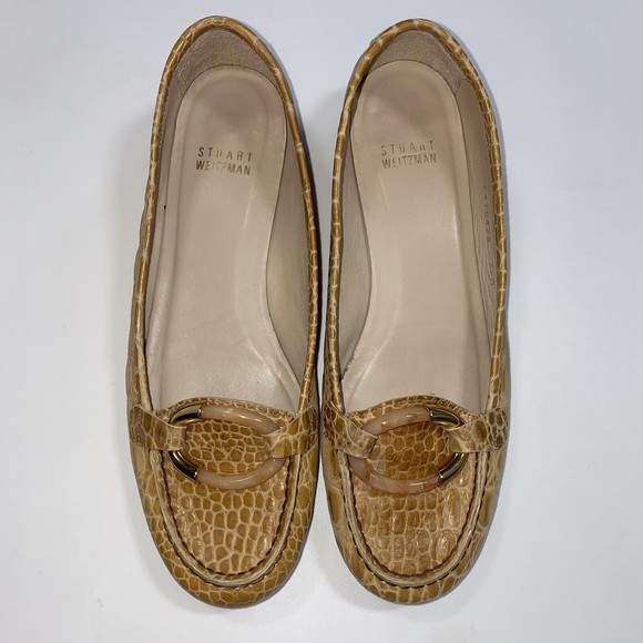 Stuart Weitzman Womens 7.5M Moc Loafers Flats Croc Leather Tortoise Oval Buckle - Picture 3 of 9